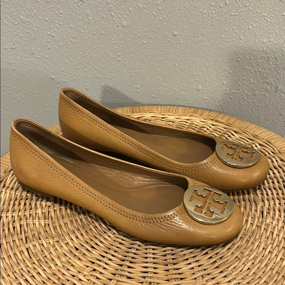 Tory Burch Tan Flats with Gold Logo